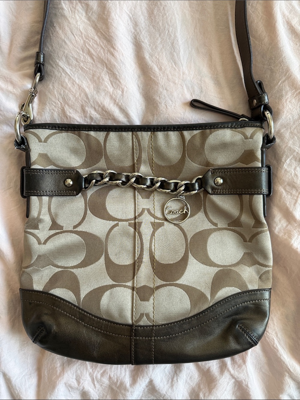 Y2K Coach Signature Optic Chain Convertible Crossbody Shoulder Bag F19730 Khaki